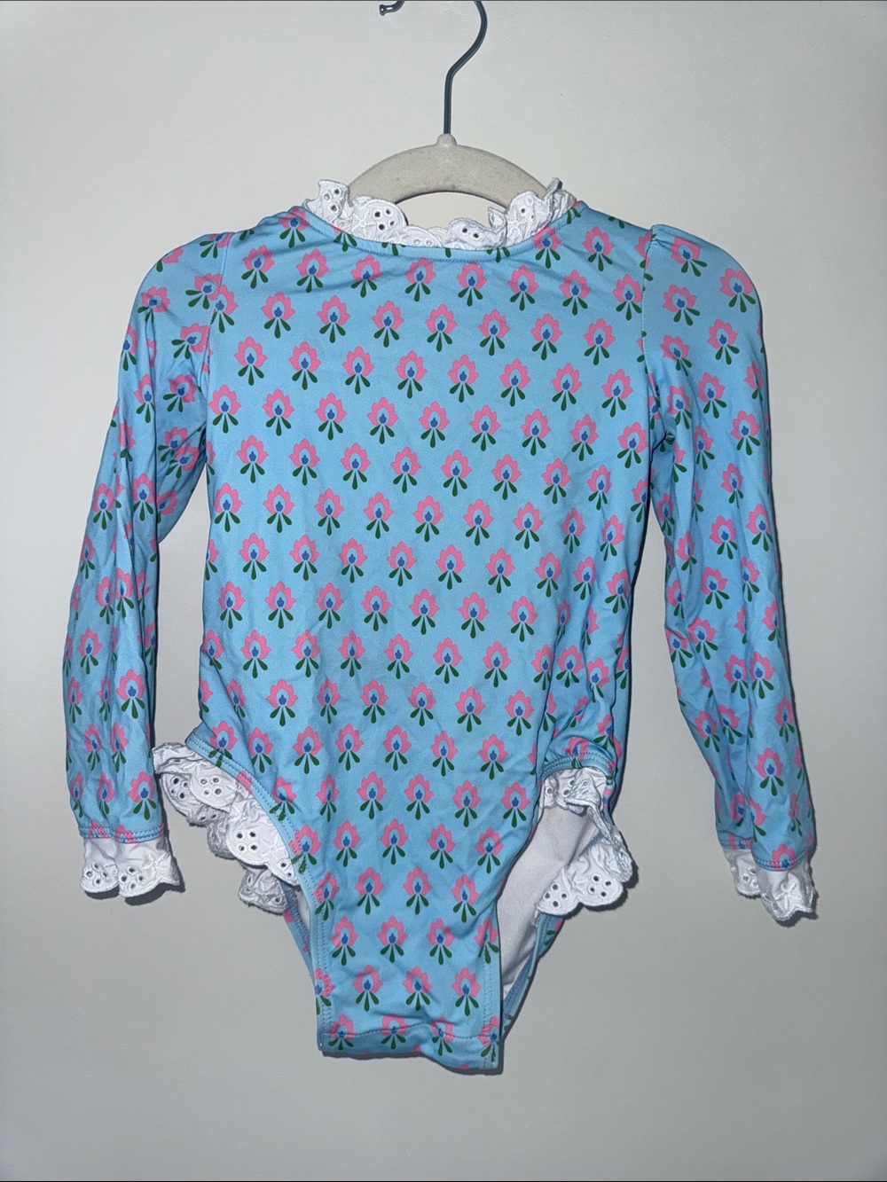 Girls Blue Floral Lace Trim Long-Sleeve Leotard